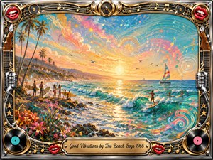 A radiant California beach sunset unfolds in vivid impressionistic color, with surfers riding turquoise waves beneath swirling musical notes and psychedelic ribbons of pink, gold, and blue. Palm trees, flowers, sailboats, and glowing reflections create a joyful, carefree mood, framed by ornate chrome, gold filigree, microphones, records, guitars, and smiling red lips.