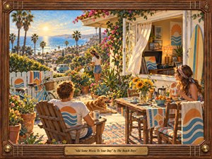 A sunlit California coastal patio glows with relaxed 1960s warmth as friends enjoy a quiet morning beside flowers, a dog, bicycle, surfboard, and spinning records. Golden light, turquoise ocean, coral accents, and lush greenery create an uplifting mood, rendered in richly textured oil-and-gouache style within a handcrafted musical wood frame.