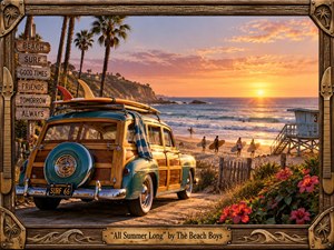 A nostalgic California beach glows beneath a golden sunset, centered on a vintage turquoise wood-paneled station wagon carrying surfboards. Palm trees, surfers, a lifeguard tower, hibiscus, and rolling waves create a carefree summer atmosphere. Warm orange, teal, and coral tones shine within an ornate carved wood-and-metal frame.