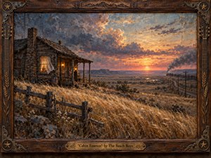 A weathered frontier cabin overlooks a vast golden prairie at sunset, while a distant steam train curves through the landscape beneath dramatic violet and amber clouds. Warm window light contrasts with the fading sky, creating a nostalgic, restless mood. Rich oil-paint textures, rustic fencing, carved wood, and brass framing add handcrafted depth.