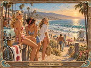 A sun-drenched vintage beach tableau shows three glamorous young women overlooking a lively California shore at golden hour, framed by palms, surfers, a lifeguard tower, and a glowing pier. Warm coral, turquoise, and honeyed light animate the painterly oil-like brushwork, while the ornate weathered frame and engraved title plate deepen its nostalgic charm.