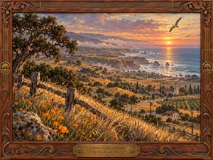 A richly detailed California coastal panorama unfolds at sunset, with golden hills, wild poppies, weathered fencing, oak trees, distant mountains, and a mission church overlooking the Pacific. Warm amber light meets cool blue water beneath glowing clouds and circling gulls. A carved wooden frame with brass accents completes the nostalgic handcrafted oil-painting style.