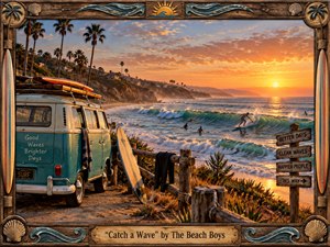 A nostalgic California surf scene glows beneath a golden-orange sunset, with a turquoise vintage van, stacked surfboards, palms, rugged cliffs, and surfers riding luminous blue-green waves. Warm cinematic light, weathered wood textures, coastal vegetation, and playful roadside signs create an upbeat 1960s atmosphere, framed by handcrafted nautical carvings and a brass title plate.