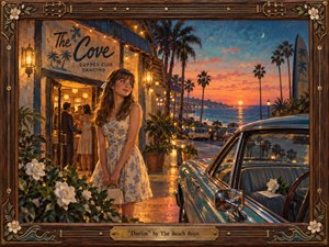 A young woman waits outside a glowing seaside supper club at sunset, framed by gardenias, palms, and a gleaming vintage car. Warm amber lights contrast with coral, turquoise, and deep blue twilight. Textured oil-and-gouache brushwork, reflective chrome, ocean views, and an ornate guitar-inspired wooden frame create a tender, nostalgic romantic mood.