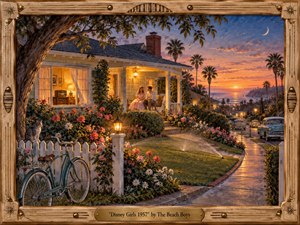 A nostalgic 1950s California evening unfolds around a flower-filled cottage overlooking the ocean, where a young couple sits quietly on the porch. Warm amber lamplight contrasts with lavender-blue twilight, vintage cars, palm trees, a bicycle, sprinklers, and a crescent moon, all rendered in richly detailed, romantic painterly realism.