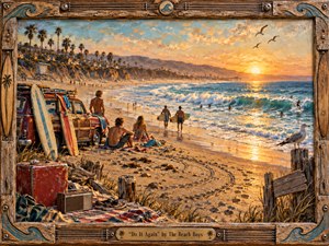 A nostalgic California beach glows beneath a golden sunset, where surfers, friends, a weathered woody wagon, boards, radio, and blankets evoke carefree summer memories. Warm amber light reflects across turquoise waves and wet sand. Rich painterly textures, coastal details, and a handcrafted wooden musical frame create a vivid, affectionate 1960s atmosphere.