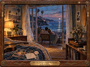 A moonlit California bedroom opens onto a sweeping coastal view, where a couple sits quietly together beneath palms and glowing shoreline lights. Warm amber lamplight contrasts with deep ocean blues and violet dusk. Rich painterly textures, vintage furnishings, records, guitar, seashells, and a carved musical frame create intimate, nostalgic romance.