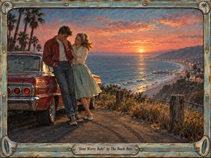 A tender young couple stands beside a cherry-red vintage car on a cliffside coastal overlook at sunset, the girl gently reassuring the boy as golden light washes the ocean and curving shoreline. Painted in a richly textured, nostalgic oil style, the scene glows with coral skies, palm silhouettes, weathered details, and a retro decorative frame.