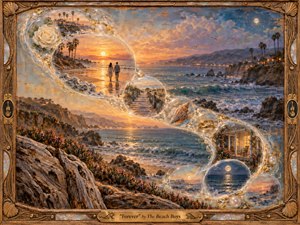 A romantic California coastline unfolds beneath glowing sunset and moonlight, shaped by an elegant S-curve of translucent memory bubbles containing lovers, roses, a footbridge, seashells, rings, and a welcoming cottage. Warm golds, ocean blues, and pearly highlights enrich the textured painterly surface, enclosed by an ornate carved wooden frame.