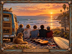 Five friends sit arm in arm above a sunlit California beach, surrounded by a vintage wood-paneled wagon, surfboards, guitar, blanket, and resting dog. Warm orange-gold sunset light washes the ocean and cliffs, creating a nostalgic, affectionate mood. Detailed painterly realism, weathered textures, coastal flowers, and a handcrafted nautical frame reinforce the 1960s surf-era atmosphere.