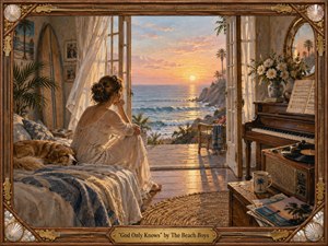A contemplative woman sits beside a sleeping dog in a nostalgic seaside room, gazing through open French doors toward a glowing ocean sunrise. Warm gold, peach, blue, and cream tones soften the intimate scene, while a piano, record player, flowers, surfboard, and ornate musical frame enrich the handcrafted, painterly atmosphere.