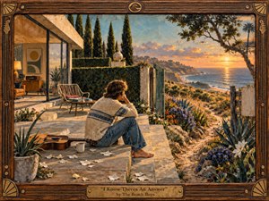 A solitary young man sits thoughtfully on sunlit stone steps above the California coast, framed by a warm handcrafted wooden border. Golden sunset light washes the ocean, cliffs, wildflowers, and modern hillside home. A resting guitar, scattered petals, textured foliage, and quiet posture create an introspective, searching mood in richly detailed painterly realism.