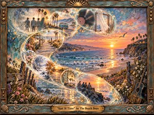 A richly textured coastal sunset unfolds through a sweeping S-curve of luminous memory bubbles, blending surfers, palm-lined roads, ocean paths, seasons, clocks, and a spinning record. Warm gold, coral, turquoise, and weathered blue create a nostalgic mood, while handcrafted paint textures, glowing reflections, wildflowers, and an ornate seaside frame deepen the dreamlike atmosphere.