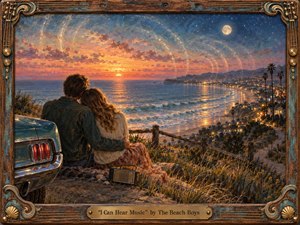 A young couple sits close together on a coastal overlook at sunset, surrounded by glowing surf, distant town lights, and a moonlit sky. Warm coral, gold, turquoise, and indigo tones create a dreamy romantic mood. Textured painterly brushwork, a vintage car, transistor radio, and ornate music-themed wooden frame deepen the nostalgic atmosphere.