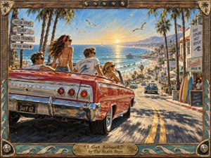 A sunlit 1960s California coast unfolds behind a gleaming red convertible filled with carefree young travelers. Warm gold, turquoise, coral, and weathered chrome create an exuberant seaside mood. Painterly textures, palm trees, surfboards, ocean reflections, distant hills, and a handcrafted musical frame evoke motion, freedom, youth, and nostalgic adventure.