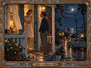A young couple lingers on a flower-lined coastal porch beneath a luminous moon, suspended between tenderness and uncertainty. Warm amber doorway light contrasts with deep blue night, wet pavement, palms, and a vintage car. Rich painterly textures, carved wood framing, wave motifs, and the engraved title plate create nostalgic 1960s romance.
