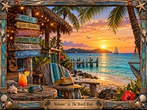A glowing tropical shoreline at sunset surrounds a rustic beach retreat overlooking turquoise water, sailboats, palms, and distant islands. Warm amber light, coral skies, weathered wood, shells, rope, flowers, and relaxed seaside objects create a nostalgic, carefree mood. The richly textured illustrative style feels handcrafted, vibrant, inviting, and warmly romantic.