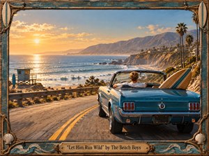 A teal vintage convertible follows a sunlit coastal highway above a sparkling Pacific beach, carrying a surfboard toward the glowing horizon. Warm gold, turquoise, and weathered wood create a nostalgic, carefree mood. Painterly realism, dramatic sunset light, palm-lined cliffs, rolling surf, and a handcrafted nautical frame evoke youthful freedom and 1960s California.