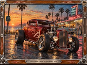 A gleaming deep-red hot rod dominates a coastal boulevard at sunset, framed by palms, ocean light, and a glowing retro drive-in. Warm oranges, pinks, turquoise, and chrome reflections create nostalgic energy. Painterly textures, wet pavement, flame detailing, exposed engine parts, surfboards, and a handcrafted wood-and-metal frame enhance the period atmosphere.