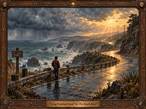 A solitary traveler stands beside a rain-slick coastal road, gazing toward a stormy ocean as golden sunlight breaks through heavy clouds. Winding pavement, rugged cliffs, wildflowers, seabirds, and distant telephone poles create depth and quiet momentum. Rich oil-paint textures, cool sea blues, warm amber light, and an ornate musical frame evoke resilience, reflection, and hope.