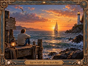 A solitary figure sits on a weathered pier overlooking a sailboat crossing a restless sea toward a glowing sunset. Warm orange light contrasts with deep blue water, rugged rocks, and a distant lighthouse. The richly textured nautical artwork feels reflective and hopeful, framed by ropes, shells, carved wood, compass details, and aged maritime ornamentation.