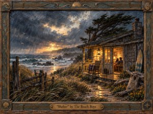 A weathered coastal cottage glows warmly against a storm-darkened sea, offering refuge amid wind, rain, and crashing waves. Golden lamplight spills across the wet path and porch, contrasting with slate blues and gray clouds. Rich impasto textures, windswept grasses, seabirds, driftwood, and an ornate nautical wooden frame create a nostalgic, handcrafted atmosphere.