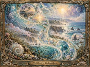 A dreamlike coastal panorama flows through a luminous S-curve of pearlescent bubbles, ocean currents, cliffs, birds, shells, and misty memories. Turquoise, seafoam, lavender, and warm gold glow beneath soft coastal light. Watercolor-like textures, translucent layers, and ornate driftwood-bronze framing create a tranquil, psychedelic, handcrafted 1970s atmosphere.