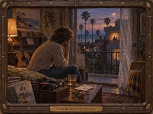 A solitary young man sits pensively in a warm 1970s coastal room, gazing toward a distant illuminated window where two figures appear together. Cool lavender dusk, palm silhouettes, amber lamplight, and ocean haze deepen the mood of longing and quiet jealousy. Textured oil brushwork, musical objects, and a carved brass-accented frame complete the nostalgic scene.