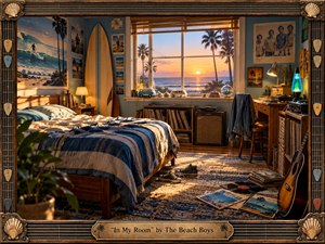 A warmly nostalgic 1960s beachside bedroom glows in golden sunset light, blending private refuge with coastal freedom. An unmade blue-and-white bed anchors the scene, surrounded by surfboards, vinyl records, guitars, books, and vintage furnishings. Rich wood textures, ocean views, palm silhouettes, and a handcrafted musical frame create intimate, reflective serenity.