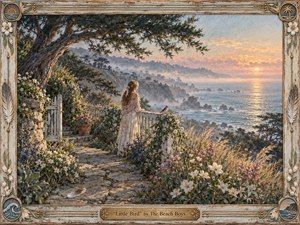 A contemplative young woman stands on a flowered coastal terrace at sunrise, watching the misty Pacific beside a small perched bird. Weathered wood, wild grasses, and a winding stone path frame the scene in soft blues, peach, gold, and sage. Textured watercolor-gouache styling gives the image a nostalgic, handcrafted warmth.