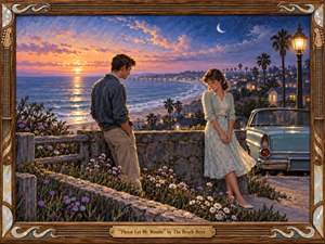 A tender young couple stands quietly apart at a coastal overlook, framed by flowers, a vintage car, and glowing seaside lights. Peach sunset tones fade into deep blue twilight beneath a crescent moon. Warm lamplight, shimmering ocean reflections, textured brushwork, and an ornate wooden frame create a wistful, handcrafted romantic mood.
