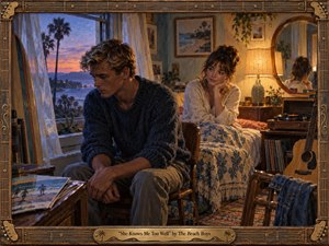 A reflective young man sits near an open coastal window while a knowing woman watches from warm lamplight, creating intimate emotional tension. Cool blue-violet dusk contrasts with amber interiors, palm silhouettes, records, guitar, and mirror reflections. Rich painterly brushwork, textured wood, and a handcrafted musical frame deepen the nostalgic 1960s atmosphere.