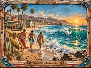 A nostalgic 1960s beach scene shows three surfers carrying longboards toward glowing turquoise waves as another rider cuts across the surf. Golden sunset light warms palm trees, a vintage woodie, lifeguard tower, pier, and distant mountains. Painterly textures, weathered wood grain, carved wave corners, and a title plaque create a handcrafted surf-poster feel.