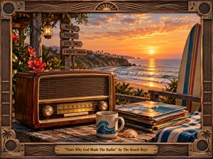 A glowing vintage radio anchors a nostalgic coastal terrace overlooking a golden Pacific sunset. Warm amber light, weathered wood, hibiscus, vinyl records, a surfboard, seashell, and striped towel evoke relaxed California memories. Photorealistic detail, rich textures, ocean reflections, and an ornate retro-radio frame create a warm, hopeful, handcrafted atmosphere.