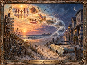 A nostalgic seaside scene blends fading summer memories into a moonlit coastal evening. Warm gold, coral, and turquoise dissolve into deep blue shadows as translucent bubbles trace an S-shaped path through remembered beach moments. Weathered bicycles, an abandoned convertible, glowing lamps, dunes, and a distant pier enrich the handcrafted, painterly atmosphere.