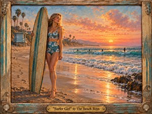 A young surfer stands beside a weathered longboard on a glowing California beach at sunset, framed by palms, rolling waves, distant surfers, and a pier. Warm coral, gold, turquoise, and sandy tones create a romantic, nostalgic mood, rendered in richly textured painterly detail within a distressed wooden, guitar-inspired decorative frame.