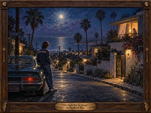 A solitary young man stands beside a dark vintage car on a moonlit coastal street, gazing toward a warmly lit balcony. Deep blues, silver reflections, and amber windows create a wistful, romantic mood. Painterly textures, palm silhouettes, wet pavement, ocean shimmer, and the carved musical frame evoke nostalgic 1970s California longing.