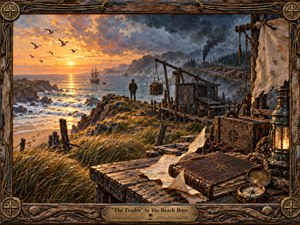 A solitary trader overlooks a rugged coastal outpost at sunset, framed by weathered timber, ropes, compass motifs, and maritime tools. Golden light warms the sea and grasses while storm clouds, smoke, and distant industry darken the horizon. Rich oil-and-encaustic textures create a reflective, uneasy atmosphere of beauty, ambition, and consequence.