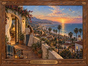 A couple stands quietly on a flower-draped Mediterranean-style terrace overlooking a glowing coastal town and calm ocean at sunset. Warm amber lights mingle with coral, blue, and lavender skies, creating a romantic, expansive mood. Richly textured painterly brushwork, palms, tiled roofs, seabirds, carved wood, and a brass title plate complete the nostalgic scene.