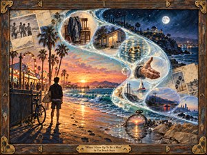 A barefoot boy stands beside a bicycle and surfboard on a glowing California beach, contemplating a luminous S-curve of floating memories and future possibilities. Warm sunset oranges merge into deep moonlit blues, while rings, roads, homes, and distant city lights suggest adulthood. Richly textured, painterly realism and a weathered musical frame deepen the nostalgic, reflective mood.