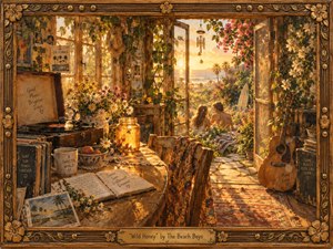 A warmly painted California cottage glows in golden sunset light, opening onto a lush seaside garden where a couple rests near the ocean. Honeyed amber, green, coral, and cream tones enrich the nostalgic scene. Records, flowers, a guitar, surfboard, handwritten keepsakes, and an ornate carved frame create an intimate, handcrafted 1960s atmosphere.