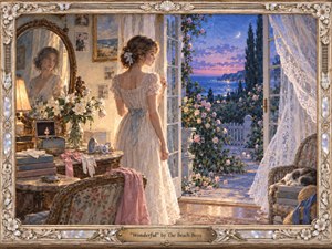 A young woman in a delicate lace dress pauses beside open French doors, gazing toward a moonlit garden and distant sea. Warm lamplight blends with cool blue-violet twilight, creating a tender, wistful mood. Painted in richly textured watercolor and gouache, the scene is framed with ornate floral carving and pearl-like details.