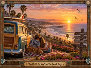 A young couple and their dog relax beside a vintage wood-paneled surf wagon overlooking a glowing California coastline at sunset. Warm oranges, pinks, and ocean blues bathe palm trees, beaches, and a distant pier. Romantic, nostalgic, photorealistic detail fills the scene, framed by weathered wood, musical accents, flowers, and hopeful signposts.