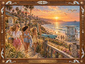 A glowing, nostalgic beach scene shows three carefree young women strolling a flower-lined boardwalk above a sunlit California shore at sunset. Painted in warm, textured oil style, the composition layers palms, surfboards, a vintage convertible, rolling waves, and a distant pier within an ornate wooden frame crowned by a brass title plate.