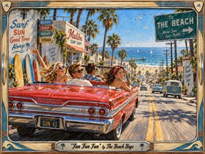 A vivid retro California beach scene shows carefree friends cruising downhill in a gleaming red convertible toward the sparkling ocean. Sunlit palms, surfboards, vintage signs, and coastal traffic create an exuberant 1960s atmosphere. Warm reds, turquoise blues, and golden light enhance the hand-painted nostalgic style, framed with surf-inspired decorative details.