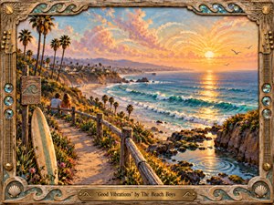 A radiant California coastline glows beneath a golden sunset, with turquoise waves, palm-lined cliffs, a distant pier, and two figures overlooking the sea. Warm peach, aqua, and amber tones create a joyful, nostalgic mood. Thick painterly textures, sparkling water, flowers, a surfboard, and an ornate musical frame evoke handcrafted 1960s coastal optimism.