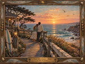 A couple stands close together on a weathered coastal boardwalk, watching a glowing sunset spread across the ocean. Warm gold, coral, turquoise, and soft blue create a tender, nostalgic mood. Textured painterly brushwork, windswept grasses, sailboats, seabirds, lantern light, and an ornate aged frame enhance the romantic, handcrafted atmosphere.