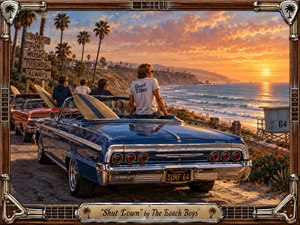 A richly detailed 1960s Southern California coastal scene features a gleaming blue Chevrolet convertible with surfboards, classic cars, palm trees, cliffs, and ocean waves beneath a glowing orange sunset. Warm cinematic light reflects across chrome and water, while relaxed figures and vintage signs create a nostalgic, energetic atmosphere. The handcrafted poster style combines painterly texture, polished metalwork, and retro Americana.