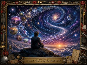 A solitary figure sits on a rocky ledge overlooking a vast cosmic universe, surrounded by swirling galaxies, stars, and a glowing horizon. A flowing arc of translucent memory bubbles crosses the sky, creating a dreamlike journey. Rich blues, purples, and golds illuminate the surreal digital painting, framed with intricate musical details and ornate textures.