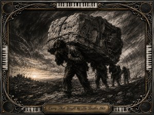 A weary procession struggles across a barren landscape beneath a storm-darkened sky, carrying an enormous stone burden etched with musical symbols and instruments. Deep feathered charcoal textures, smoky grays, and faint golden light create a solemn mood of endurance. An ornate metallic music-themed frame surrounds the dramatic, symbolic composition.